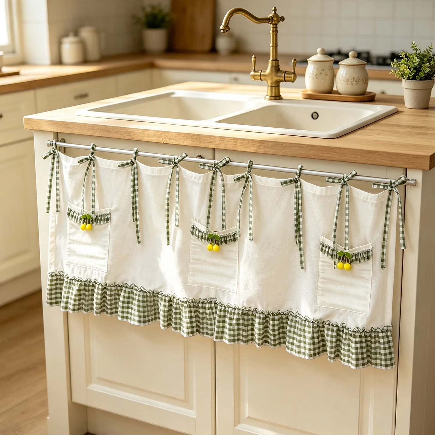 Retro Green Plaid Cabinet Storage Curtain, Farmhouse Country Tie-up Oven Curtain for Kitchen Windows, Extra Narrow Curtain