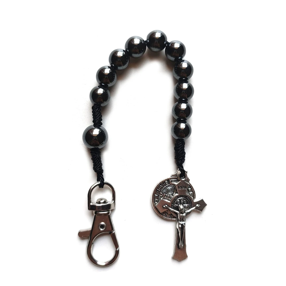 QIGO Hematite Beads Pocket Car Rosary Cross Saint Benedict Bracelets Religious Jewelry