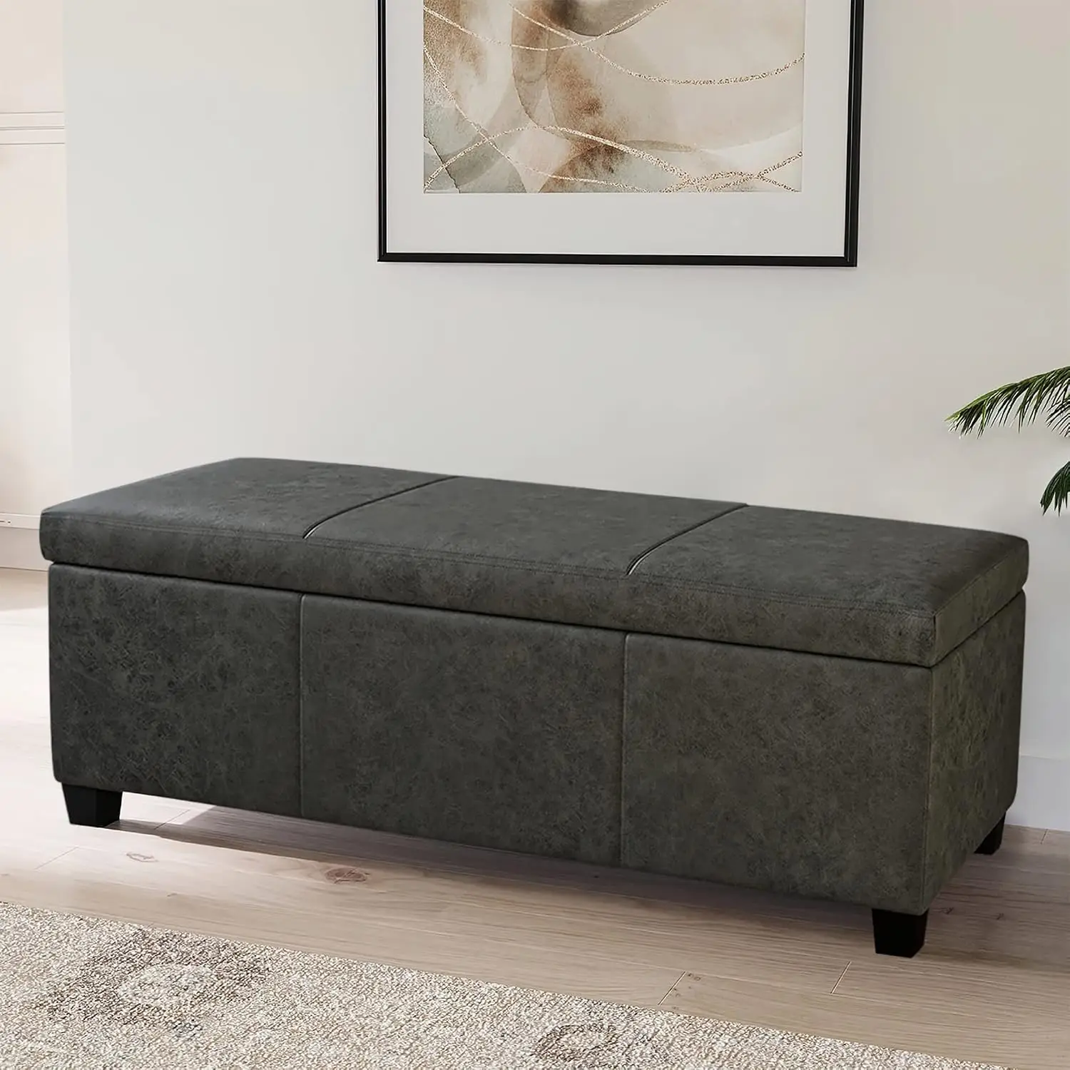 47 Inch Extra‑Long Faux Leather Storage Ottoman Bench with Flipped Top and Safety Hinge, 300 lbs Capacity, End‑of‑Bed Foot Rest Organizer for Living Room and Entryway, Rustic Gray