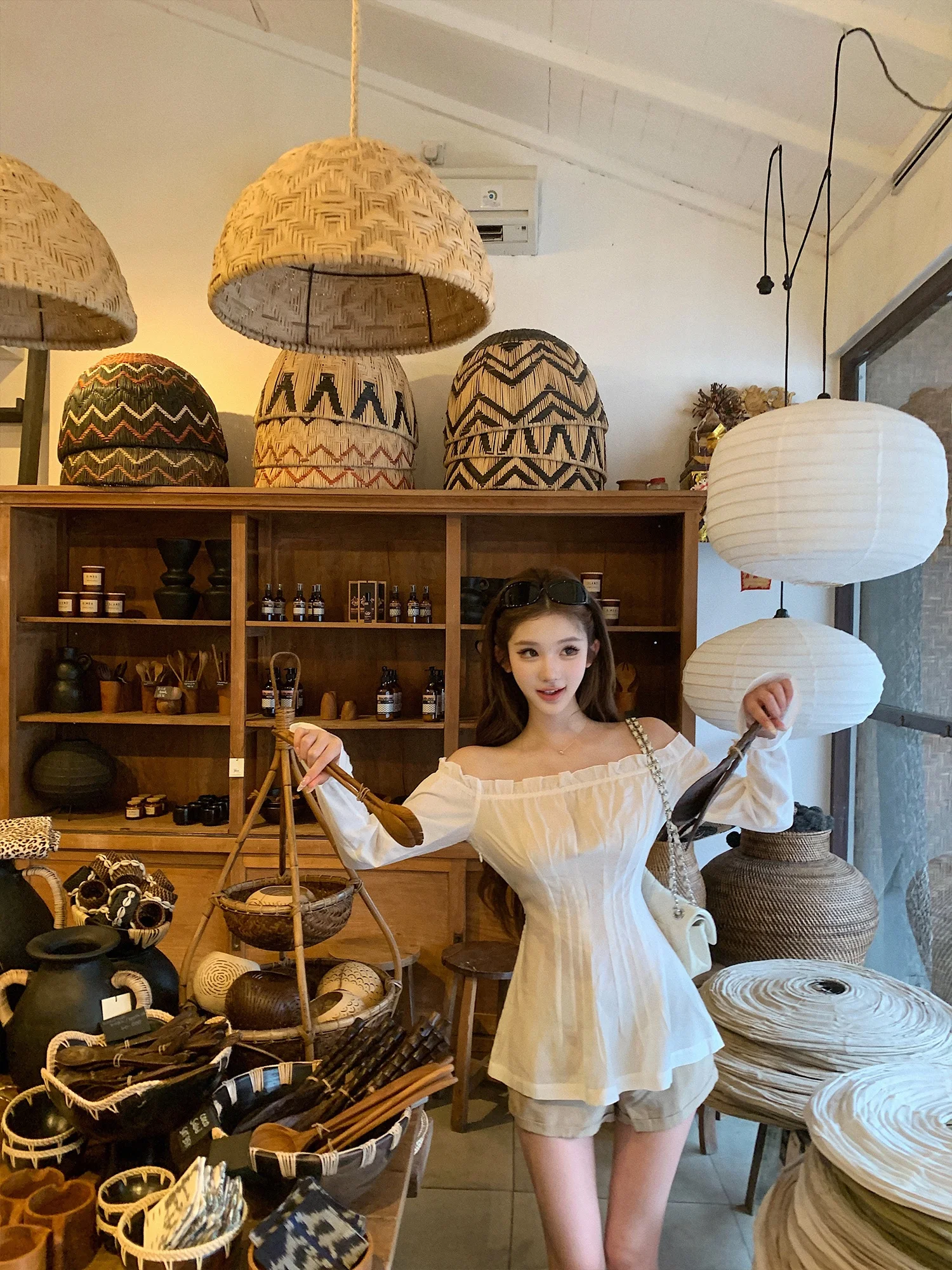 

JMOP Initial Encounter Waed Linen White irt Women's Spring Summer One-oulder Waist-Cinching Top