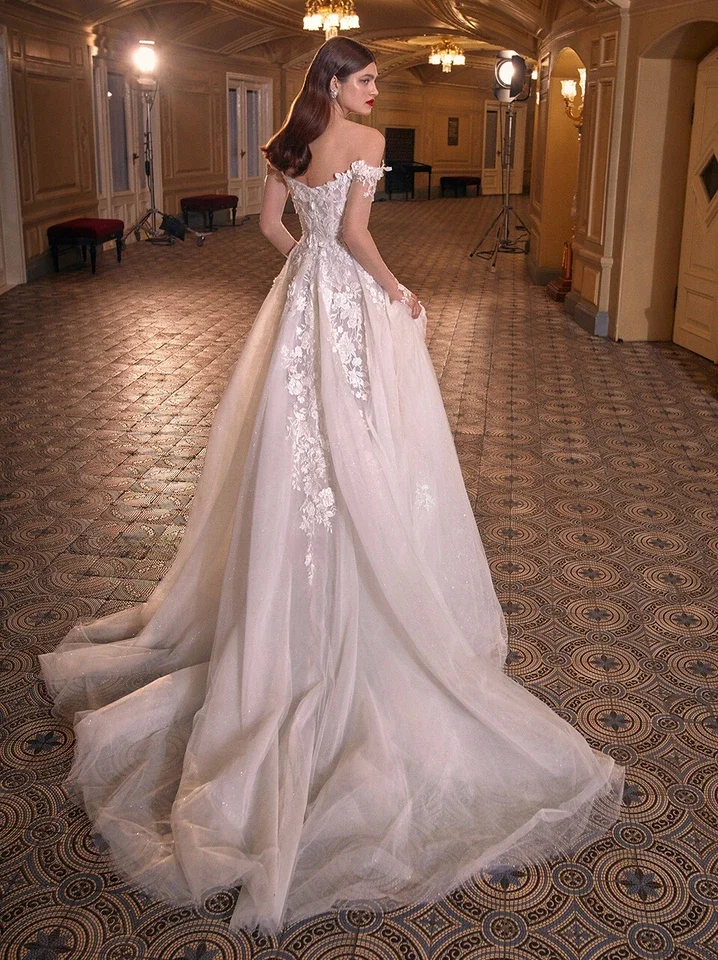 Boho Off Shoulder Wedding Dress Lace Applique Sleeveless A-line Bridal Gowns Court Train Customized Tulle Vestido