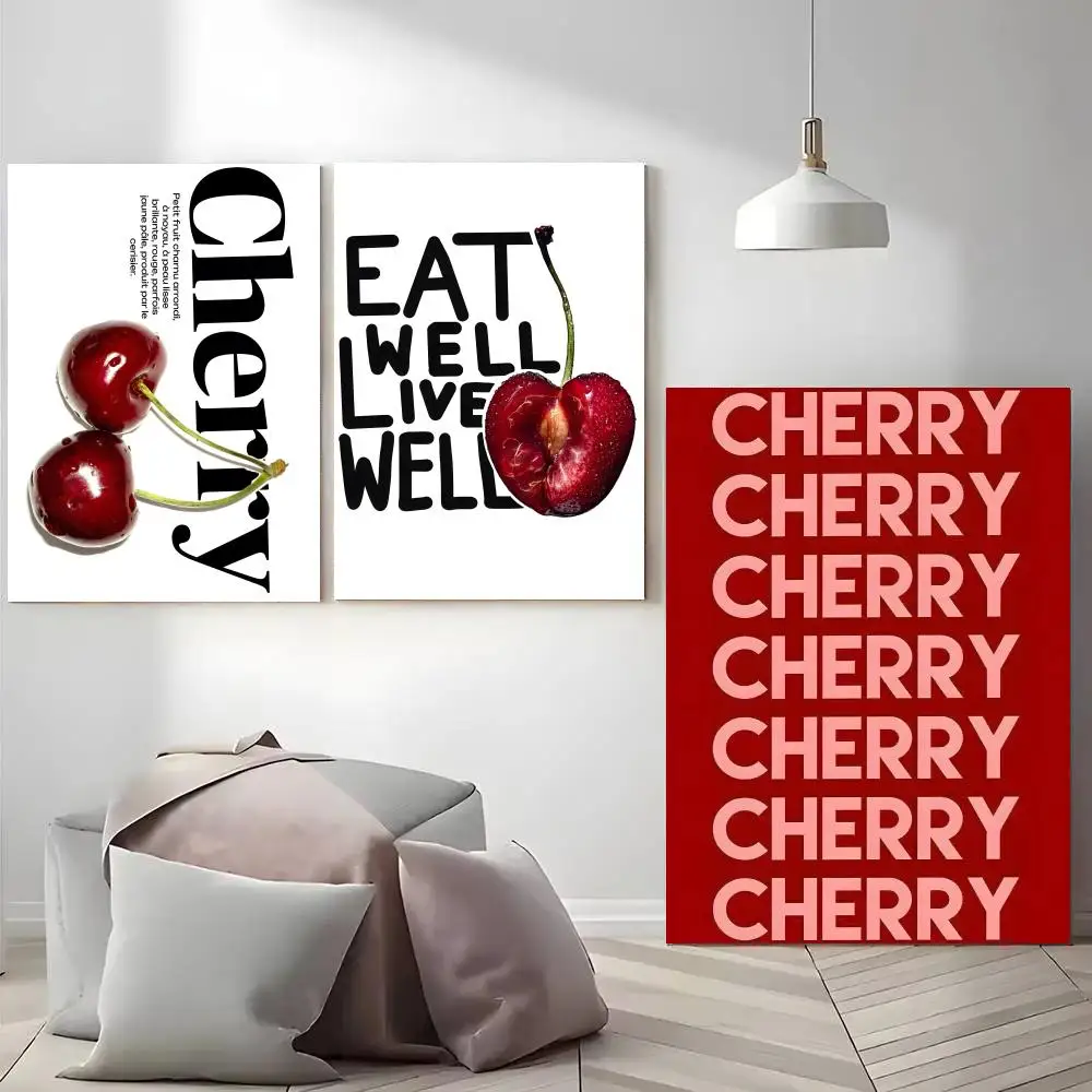 Cherry Illustrations Painting Calligraphy Fade-Resistant Vibrant Wall Art Print Non-Sticky Decor For Home Bar Gift