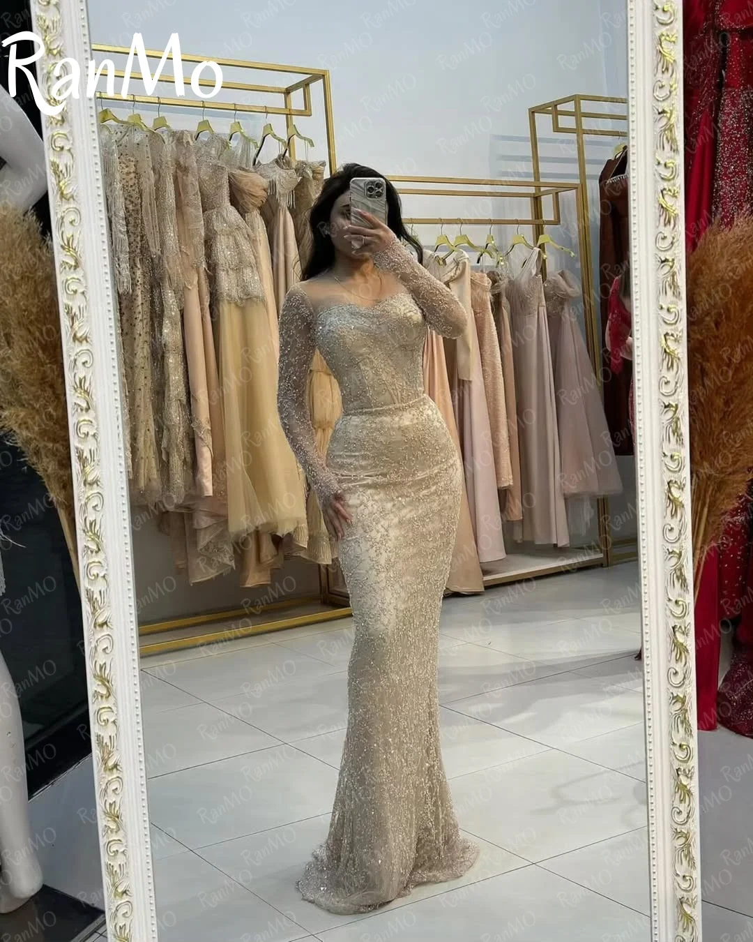 Ranmo 2025 Customized Modern Long Sleeves Prom Dresses Square Collar Beadings Flowers Floor Length Party Dresses Evening Dresses