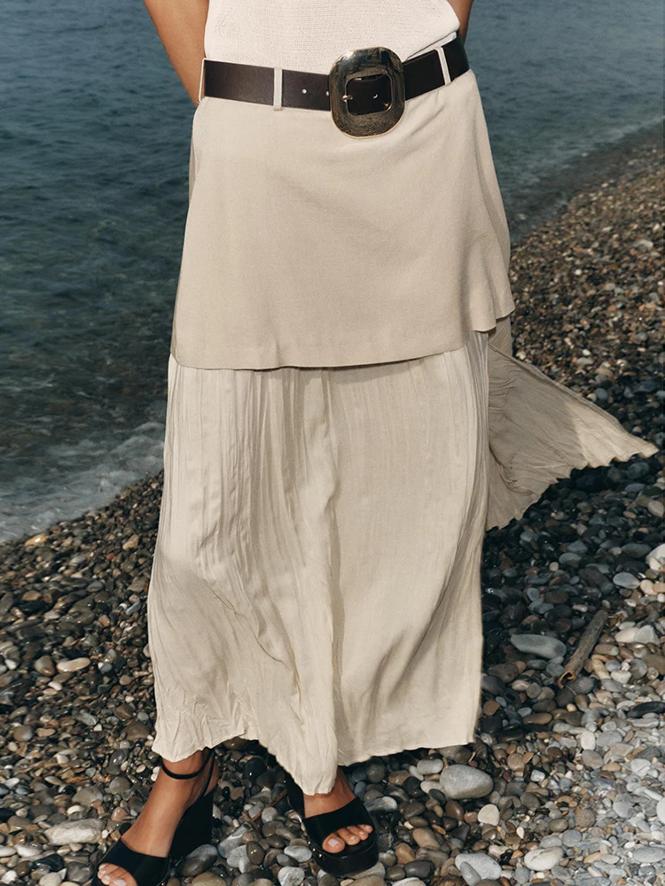 

Faionable Midi Skirt with Belt Side Slit And Patchwork for Women New Summer Arrival A-Line Loose High Waist Midi Skirt