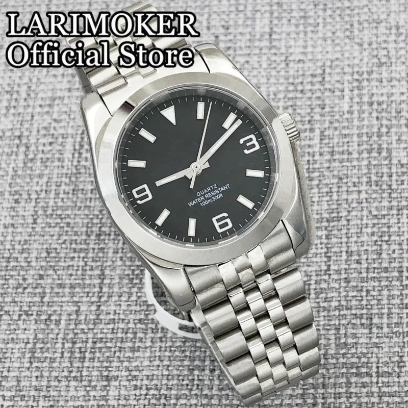 LARIMOKER Jam Tangan Hitam 36Mm/39Mm dengan Dial Kaca Safir Pria Bercahaya Hijau RONDA 515 Gerakan Kuarsa Jam Tangan Tahan Air 10Bar