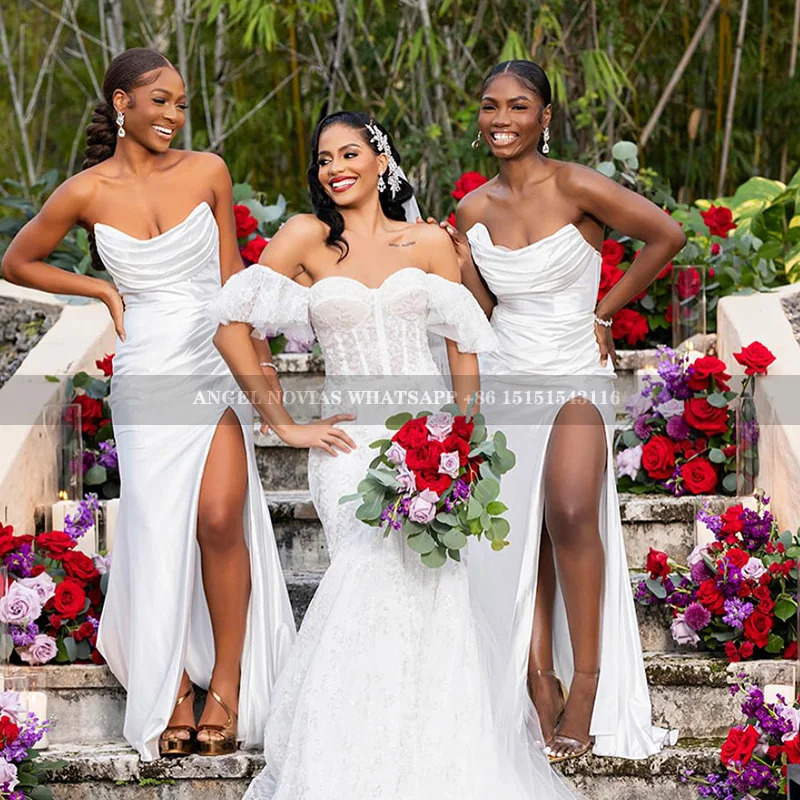 Aangepaste lange sexy zeemeermin ivoor bruidsmeisje jurk met split avond prom formele partij verjaardag celebrity vestidos de coquetel