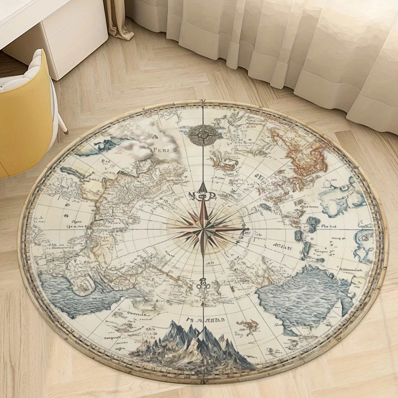 2d Printed Cream Vintage Compass Map Round Area Rug Non Slip Floor Mat For Adventure Travel Home Decor Gift