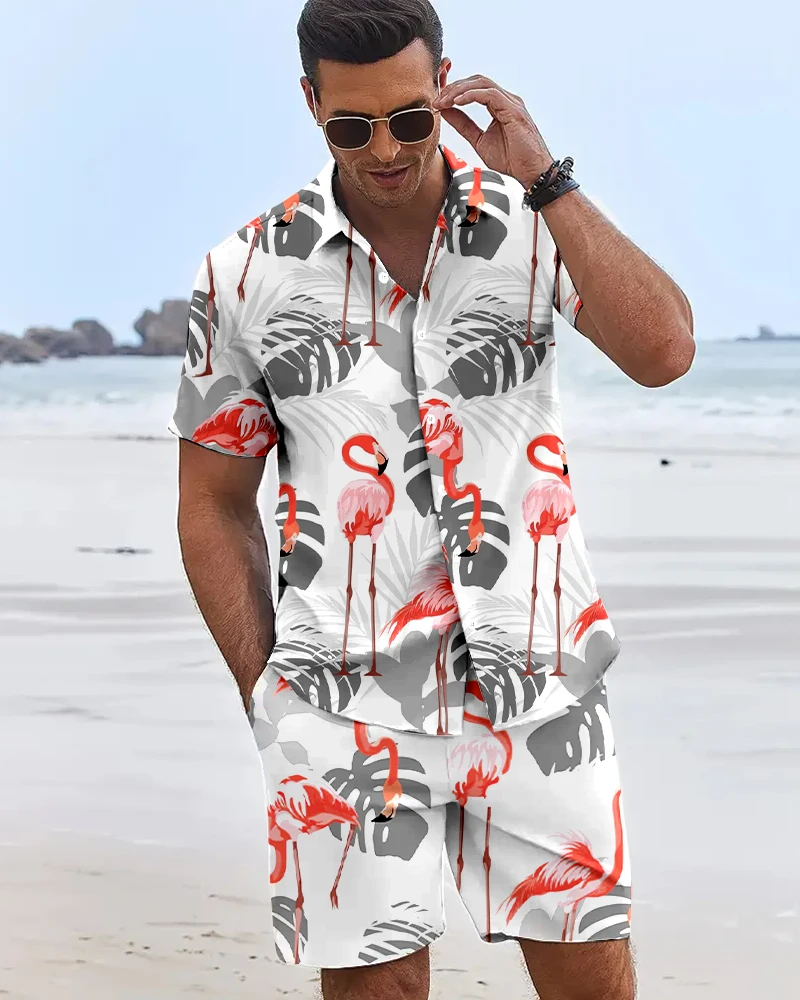 Summer Men's Hawaiian Shirts+Shorts 2Pcs Outfits 3D Flamingo Print Holiday Beach Shirts Sets Casual Oversized Male Clothes Suits