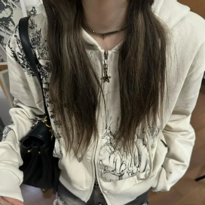 Y2k Aesthetic Cropped Hoodies Women Casual Printing Double Zippers Harajuku Punk Sweatshirt Gothic Fairy Autumn Grunge Jackets