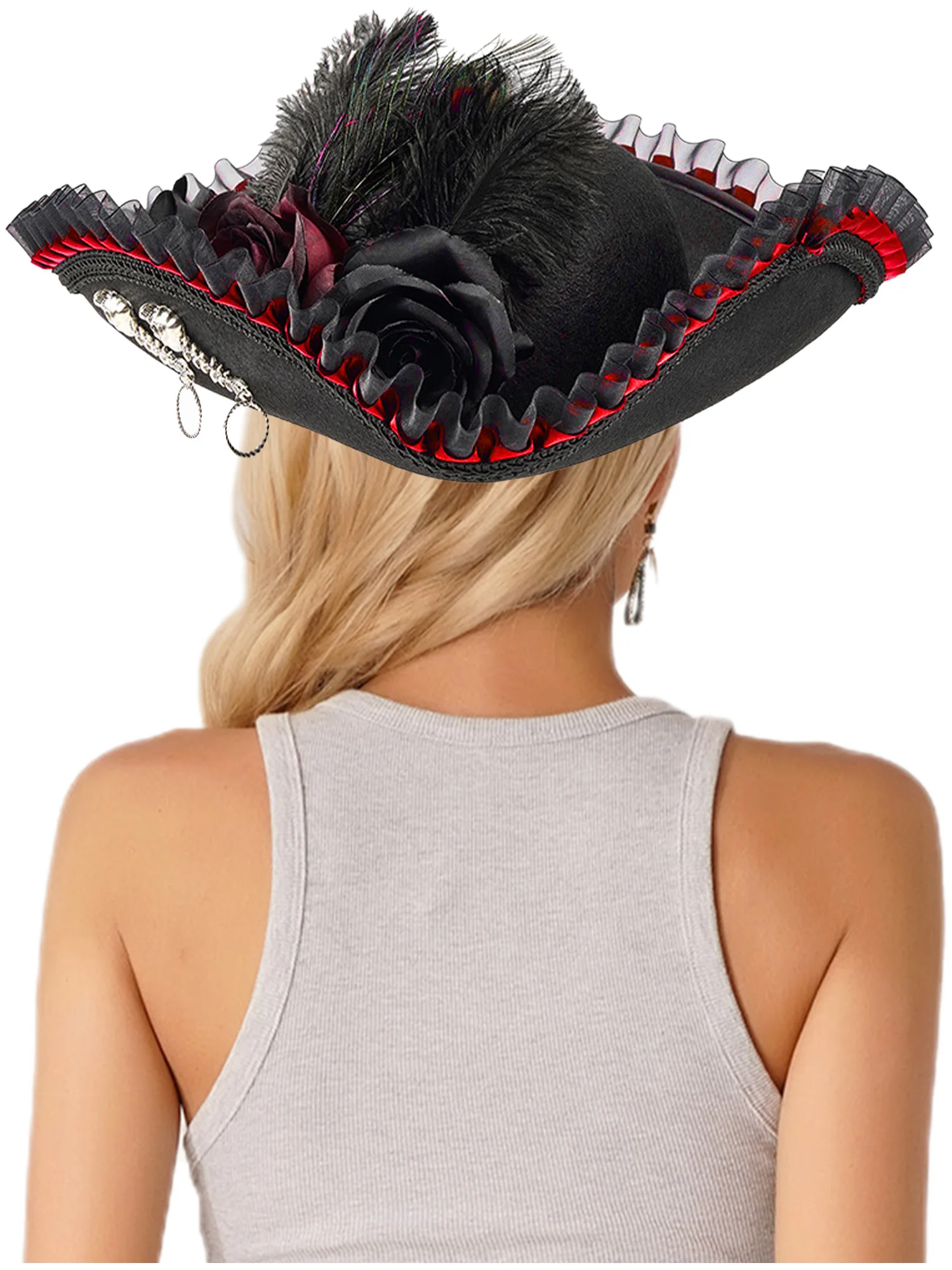 Tricorn Pirate Hat Fashionable Feather Decorated Pirate Cosplay Hat For Halloween Festival Party Costume Stage Performance Cap
