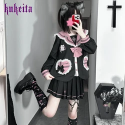 Cute Cat Bow 3 Piece Set Japanese Harajuku Style Black Pink Girl School Uniforms Pleated Skirt Sweet Women JK Kawaii Sailor Suit