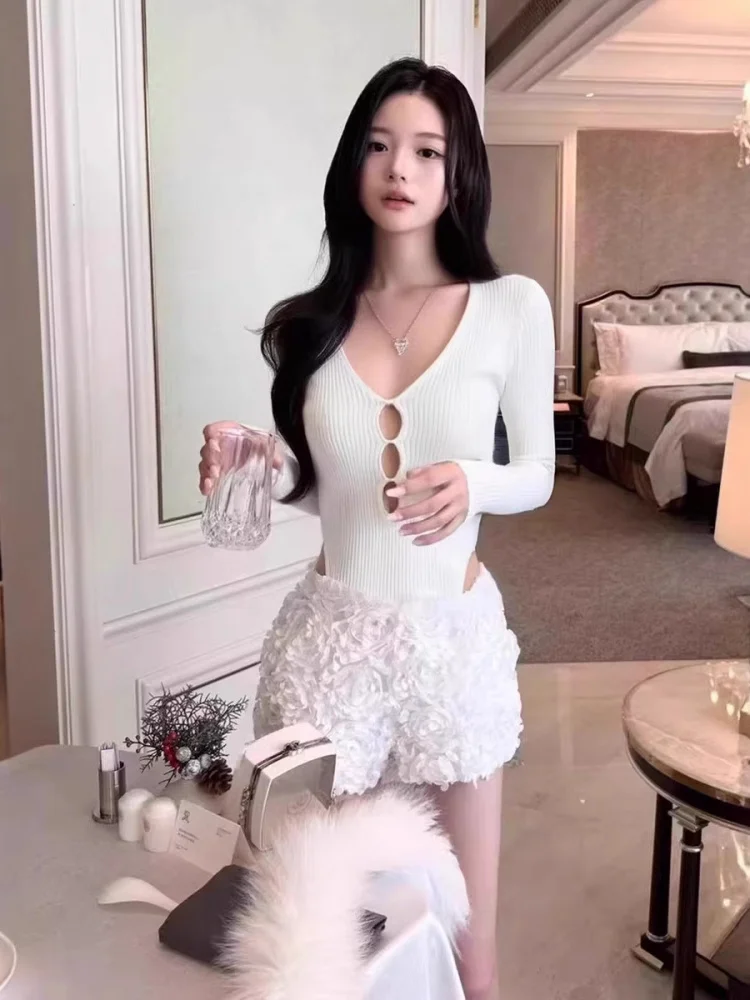 

Sexy Spicy Girl Long Sve Hollow out Ne Piece Suit Women's Design Low Chest Tight irt Upper Body Ultra Thin Silk