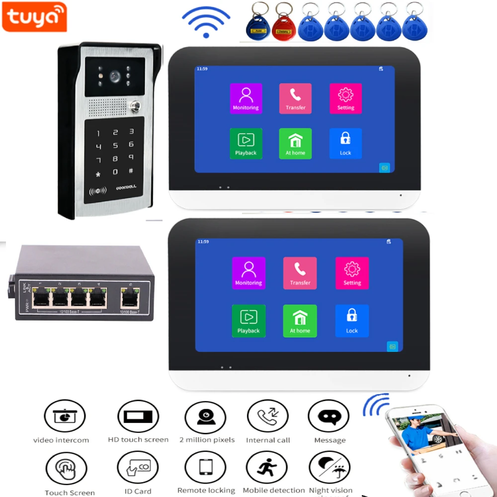 

Tuya Smart WIFI IP Video Intercom APP Control Video Door Phone System With POE Switch Password RFID Access Apartment Doorbell