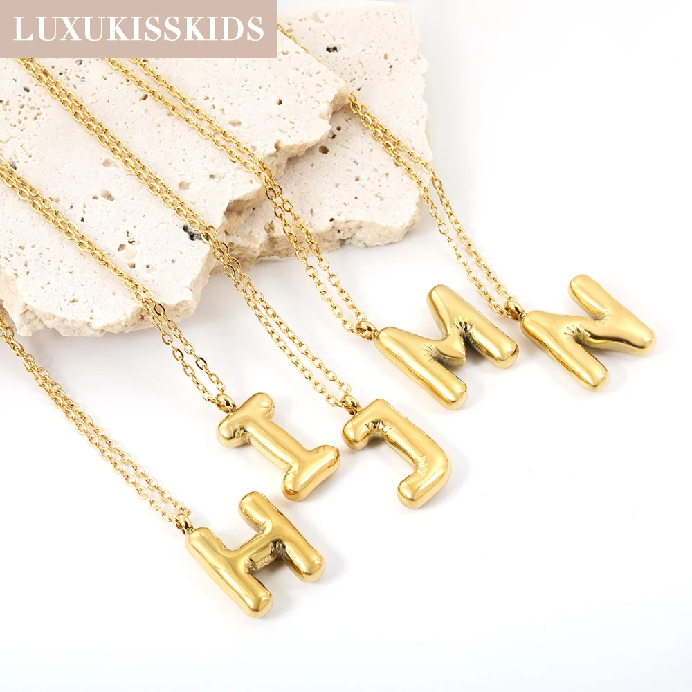 LUXUKISSKIDS Smooth Mental Bubble Letters Initial Necklace Women/Man Steel Ladies Colar Balloon 26 Alphabet Gold Plated Jewellry
