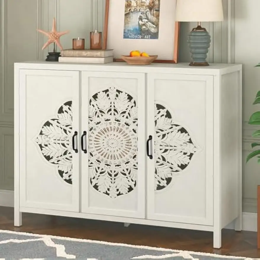 

Farmhouse Sideboard Buffet Cabinet with Storage, Modern Credenza Storage Cabinet with Wood Carved Floral Doors for Living Room