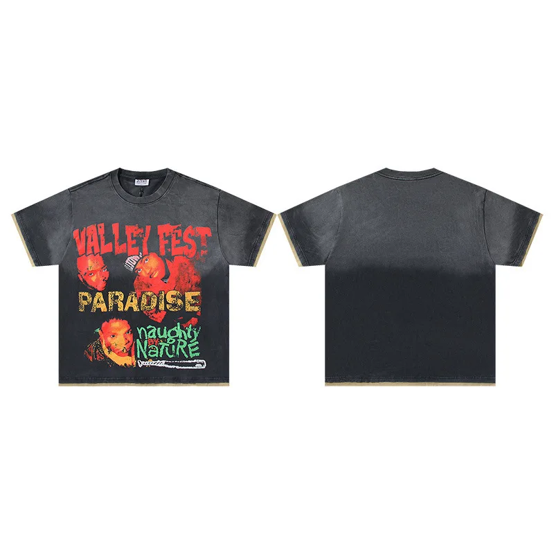 Loose Fit Street Style T-Shirt Short Sleeve Printed Brick Spray Cross-Border Vintage American Trend Casual Cotton Tee