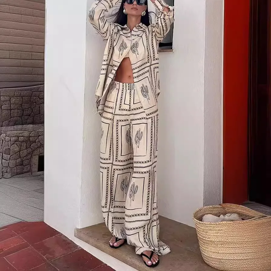 Women's Street Suit Long Sleeve Shirt Button Elastic Waist Wide-leg Trousers British Style Fashion Casual 2-piece Set