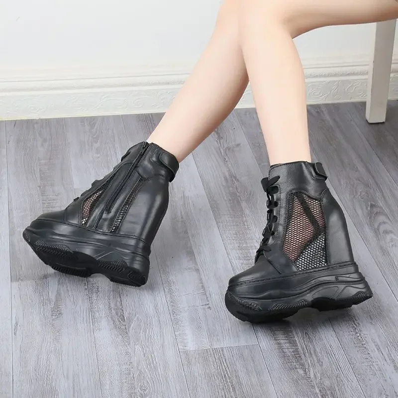 Krasovki 4cm New Air Mesh Mid Calf Thick Heels Platform Wedge Fashion Summer Hollow Women Boots Genuine Leather Breathable Shoes