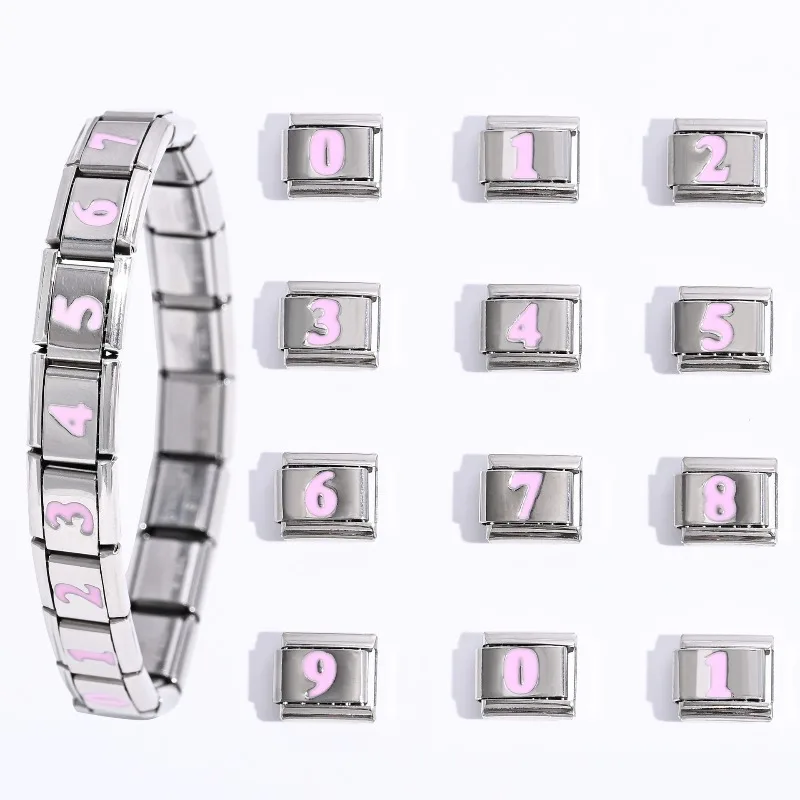 DIY Elegant Creative Simple Pink Color Arabic Numeral Stainless Steel Modular Charm Bracelet 9MM Elastic Links Accessories