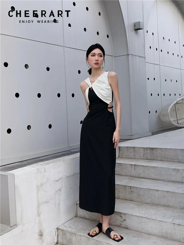 CHEERART Designer Cut Out Long Summer Dress Women 2024 Black And White Patchwork A Line Modest Ladies Midi Dress