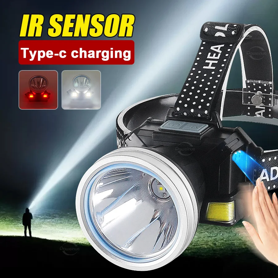 IR Sensor LED Headlamp COB Head Torch USB Rechargeable Headlight with Red COB Floodlight 4 Mode Front Lanterns