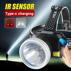 IR Sensor LED Headlamp COB Head Torch USB Rechargeable Headlight with Red COB Floodlight 4 Mode Front Lanterns