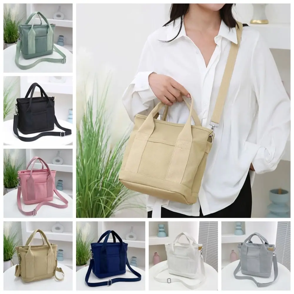 Multi-pocket Japanese Style Crossbody Bag Handbag Zipper Canvas Shoulder Bag Message Bag Students School Bag Pure Color Tote Bag