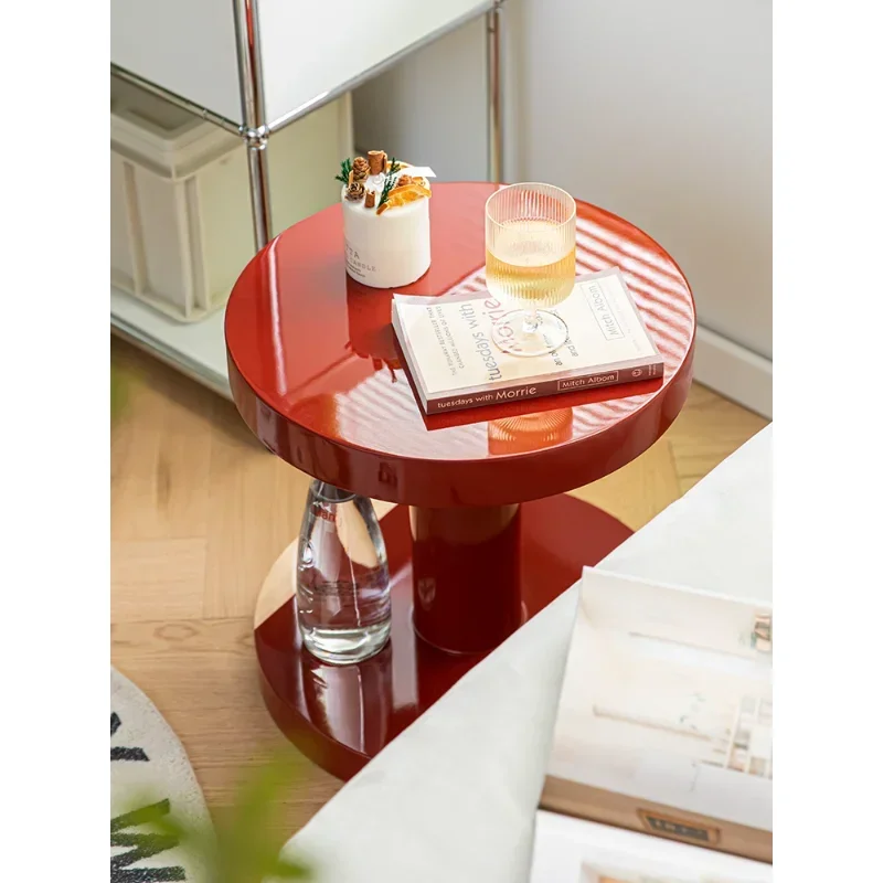 Simple Medieval Coffee Table Solid Wood Sofa Side Rack Double-tier Round Table Ins Style Household Retro Red Bedside Tea Table