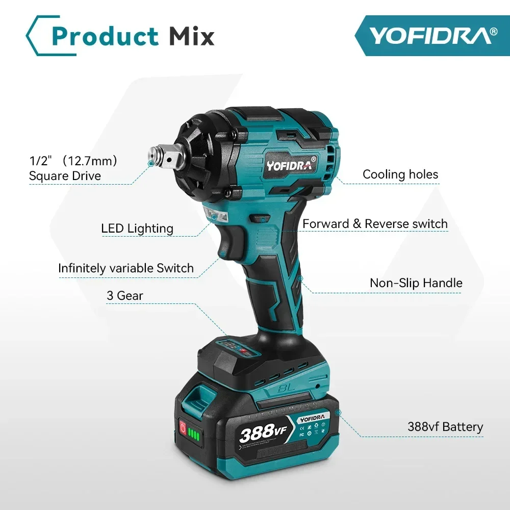 YOFIDRA 1000N.m Brushless Electric Impact Wrench 3 Gears 1/2 inch Cordless Efficient Electric Screwdriver For Makita 18V Battery