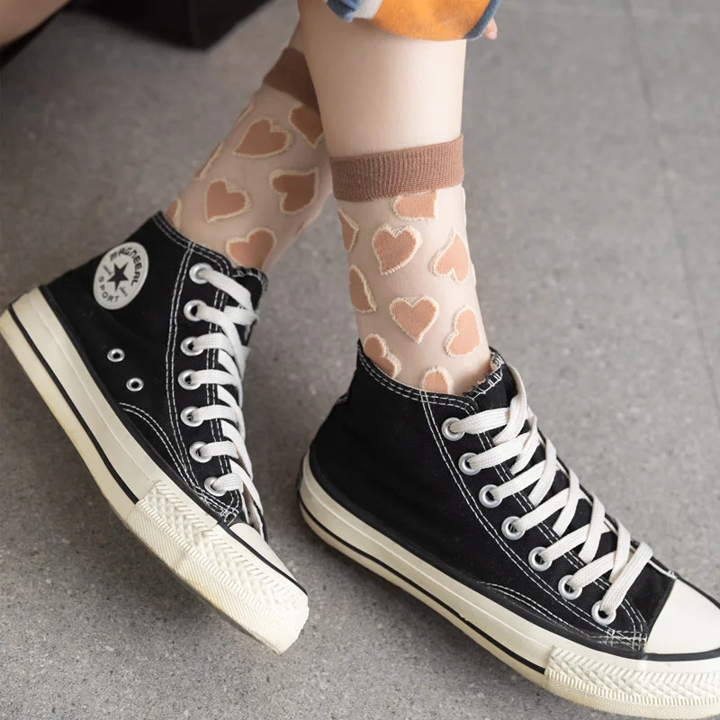 Summer Woman Socks Japanese Style Sweet Crytal Glass Silk Socks Heart Print Ultra-thin Transparent Girls Kawaii Cute Long Socks