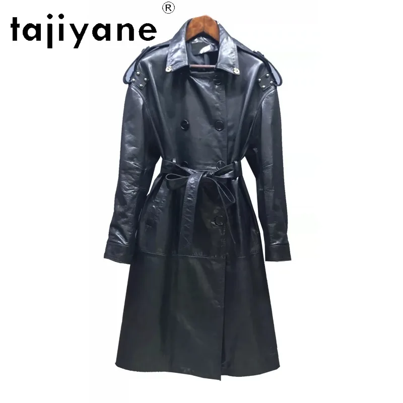 TAJIYANE Top Layer Cowhide Genuine Leather Jacket Women Mid-Length Trench Coat Oil Wax Leather Outerwear Black Jackets Косуха