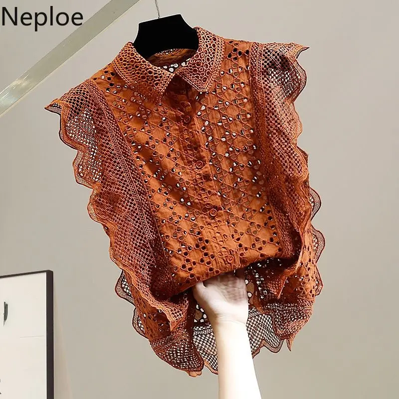 Neploe Water Soluble Lace Blusas Femme Patchwork Hollowed-Out Embroidery Sleeveless Shirts Single Breasted Loose Cotton Blouses