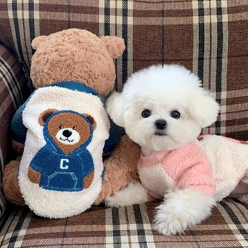 

Cute Embroidered Bear Dog Sweatshirt Autumn Pet Pullover Teddy Plush Warm Clothing Poodle Thickened Two-Pocket Clothes