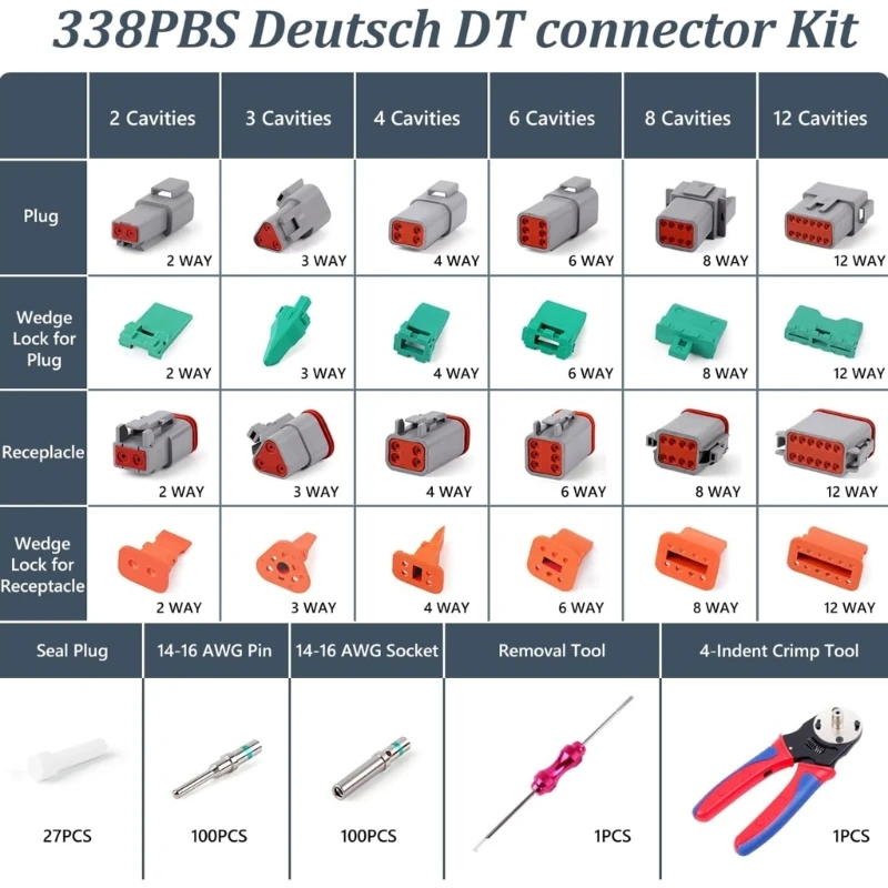 QM Deutsch Connector Kit DTP 2P 3P 4P 6P 8P 12P and Crimper Automobile Electrical Connectors(14-20AWG)