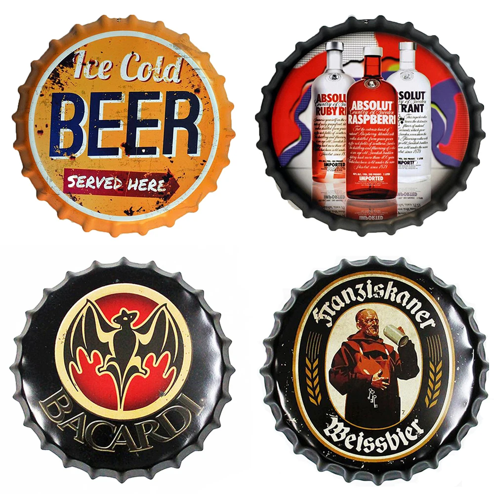 35CM Beer Bottle Cap Retro Plaque Metal Tin Signs Cafe Bar Pub Signboard Wall Decor Vintage Nostalgia Round Plates Art Poster