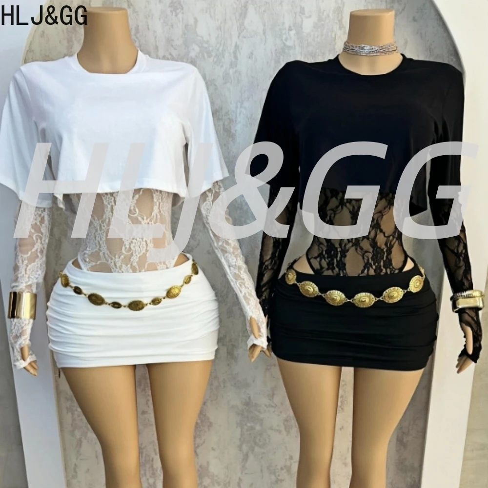 

HLJ&GG Fashion Lace Splicing Long Sleeve Top 4 Piece Sets Women Tube And Mini Skirts Outfits Female Solid Matching Streetwear
