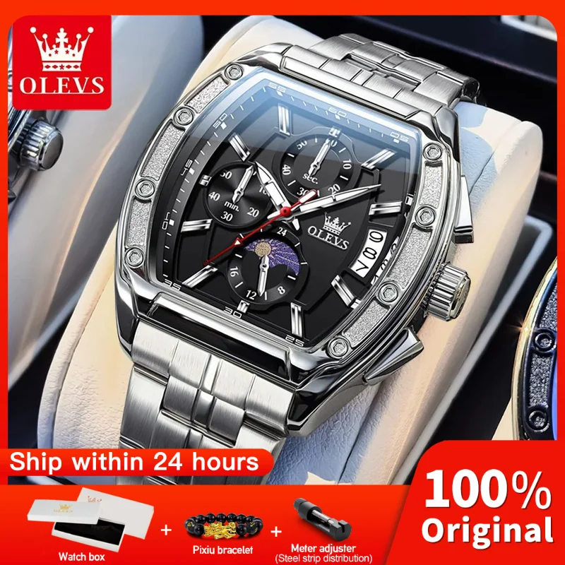

OLEVS 3661, мужские часы, оригинальные кварцевые часы Tonneau, многофункциональный хронограф, водонепроницаемые часы с фазой Луны для мужчин, новинка в коробке