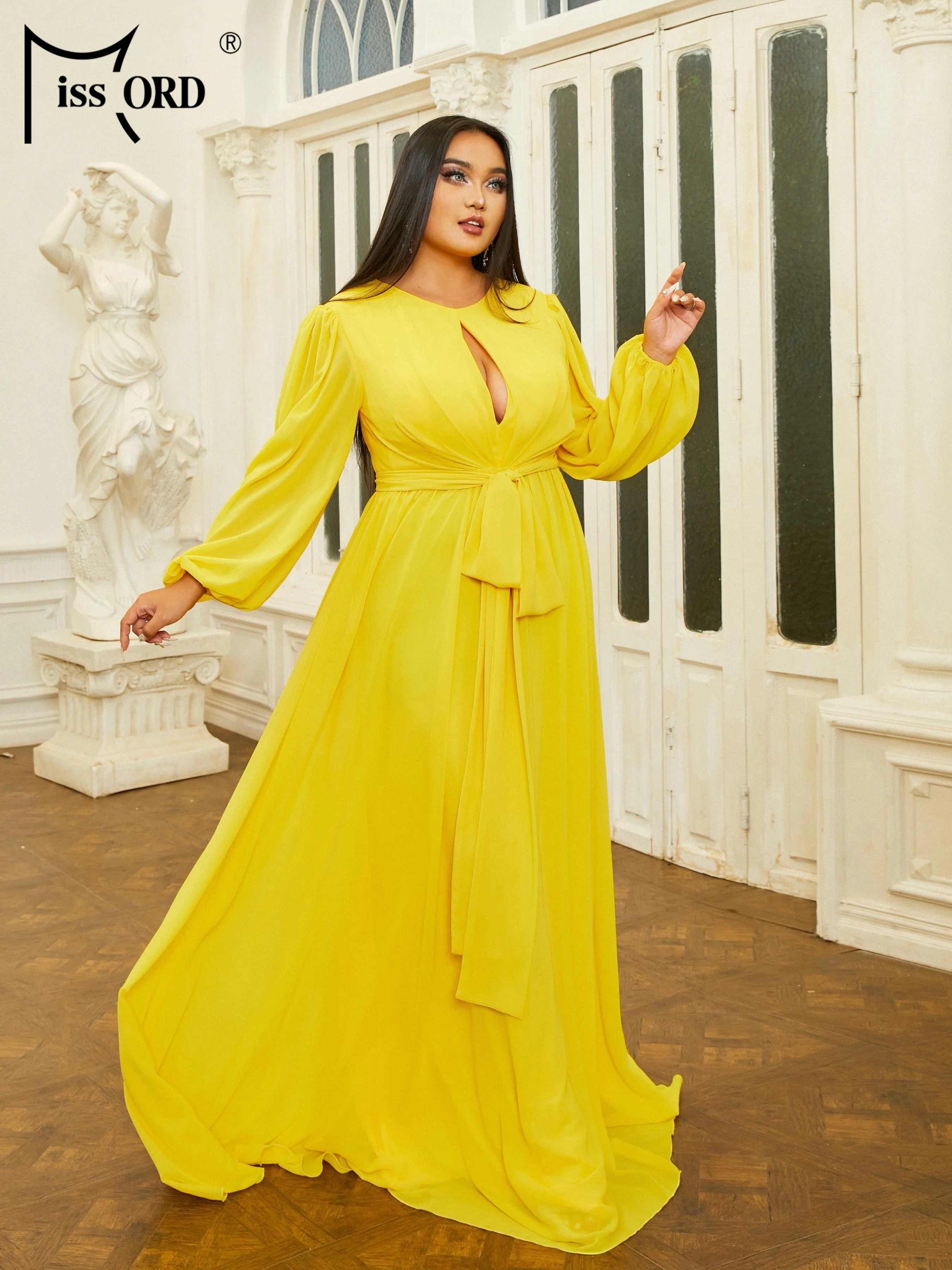 Missord New Plus Size Yellow Cutout Round Neck Long Sleeve A-line Evening Prom Party Formal Occasion Dresses