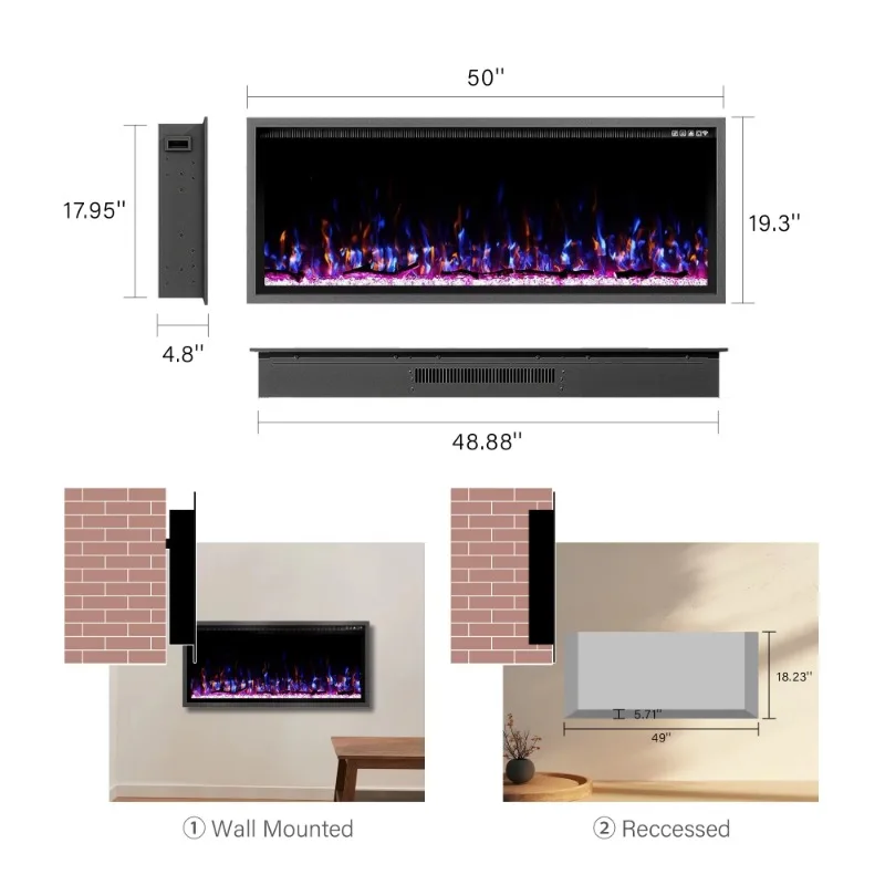 Modern Built-in Electric Fireplace Insert (Pansee): Steel Body, Realistic LED Flame, Remote Control – For Indoor Decoration