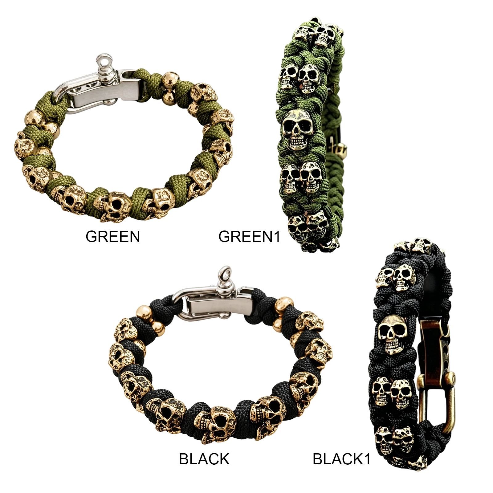 Skull Punk Bracelet U-Shackle Closure Skeletons Adjustable Braided Handstring Wear Resist for Outdoor Hiking Travelling Camping