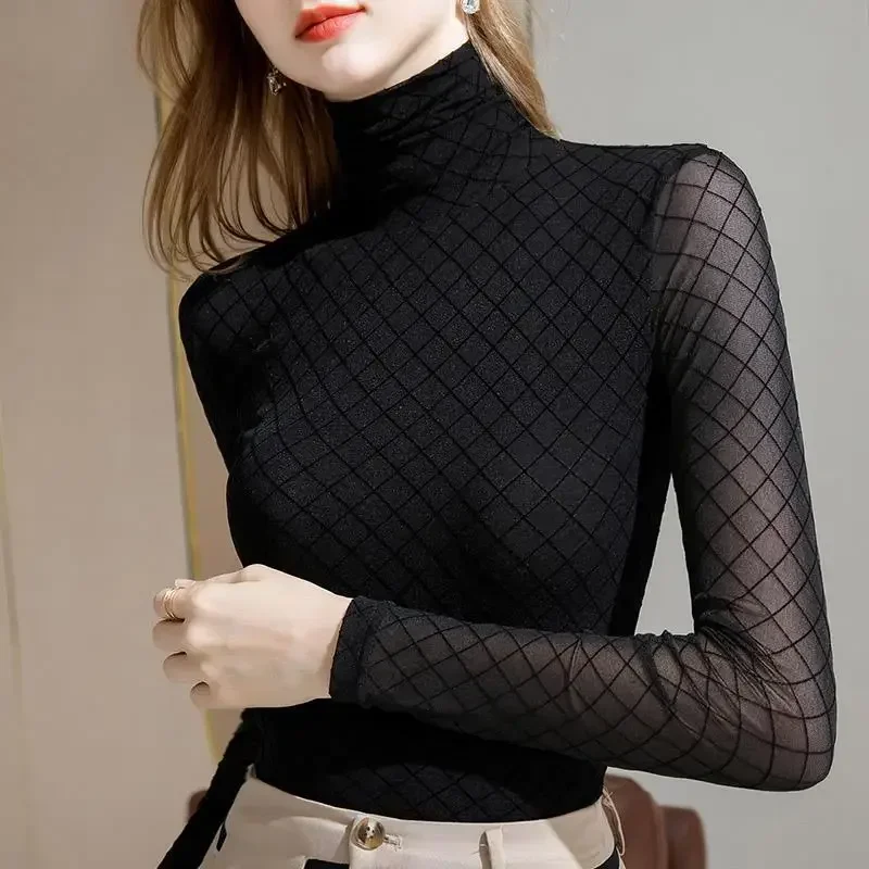 T-shirt Woman Lace Chiffon Turtleneck Sexy Clothing Black 2024 Trend Women\'s Top Tees Pulovers New In 90s Graphic Alt Kpop Old O