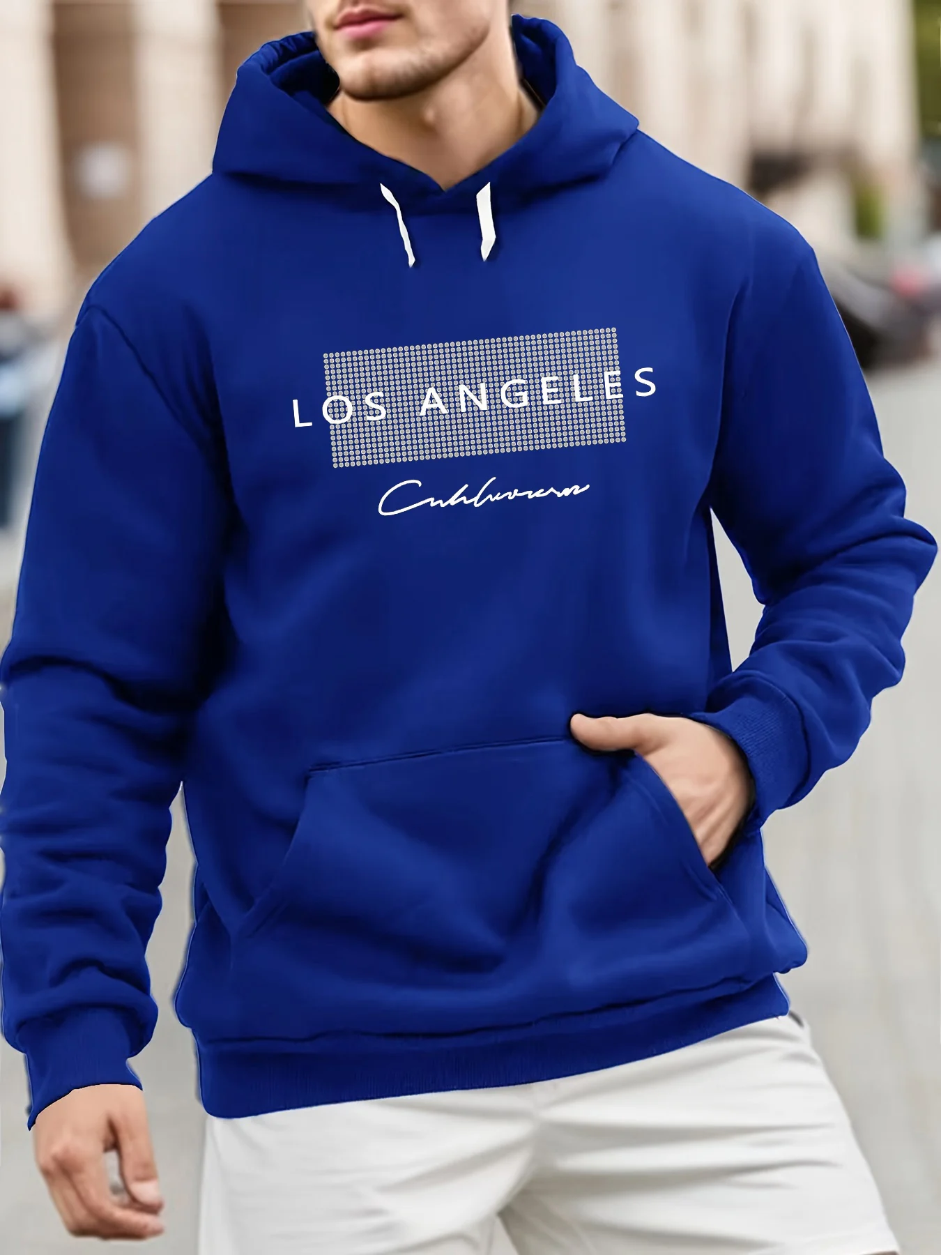 Men\'s autumn and winter fashionable casual loose Los Angeles pattern printed fleece pullover long sleeved hooded sweatshirt