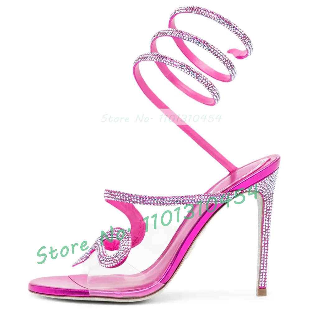 Crystal Snake Wrap PVC Sandals Women Sparkly Colorful Rhinestones Clear Upper Shoes Lady Luxury Pinkish Gray Cross Strap Sandals