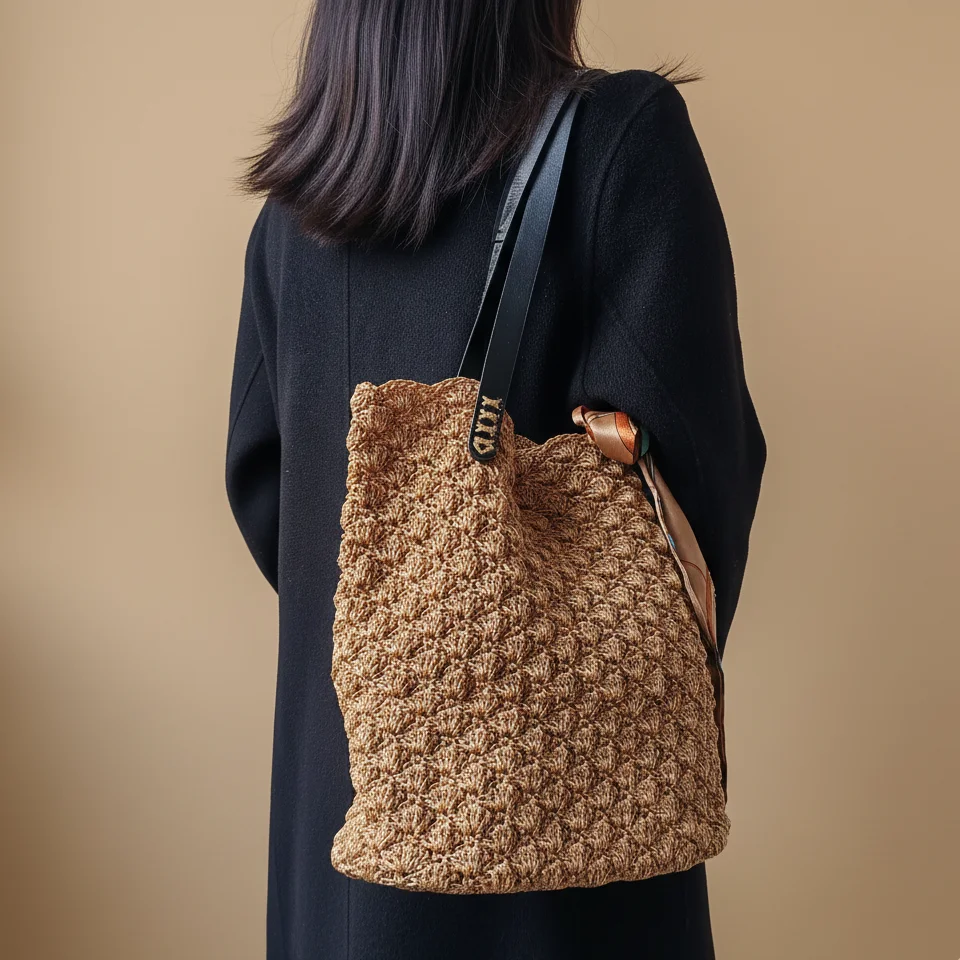 

Handmade Crochet Tote Bag for Women Summer Straw Shoulder Bag with Leather Straps Woven Knitted Shopper Bag with Decorative Scar