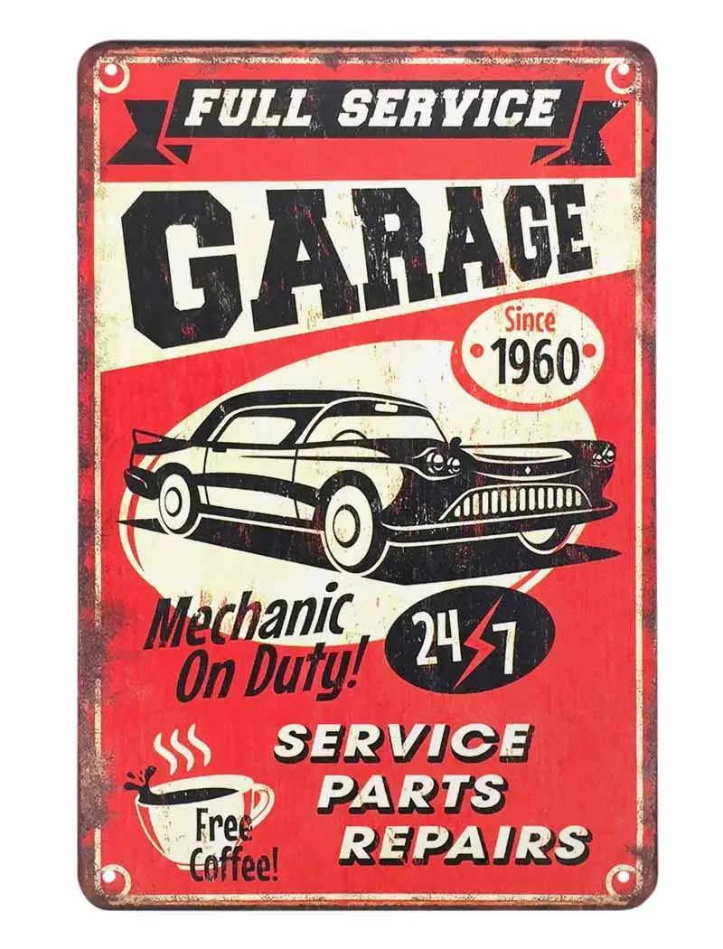 Full Service Garage Tin Sign,Mechanic On Duty 24-7 Car Service Parts Repairs and Drink Free Coffee Vintage Metal Tin Signs for