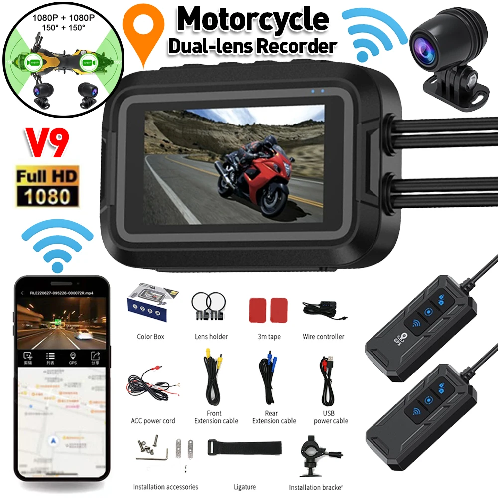 V9 Motorcycle Dashcam WiFi GPS Dual 1080P Front Rear Camera 3Inch Waterproof Motorcycle DVR Dash Camera Video Recorder Black Box