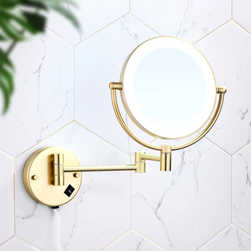 Ruskin bathroom folding beauty mirror wall hanging telescopic hotel double-sided triple enlargement LED lamp makeup mirror