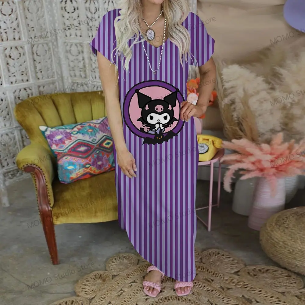 V-neck Robe Kuromi Long Dresses Cheap Clothes Fashion 2024 Streetwear Lovely S-2XL Elegant Gowns Summer Woman Dress Kawaii Party