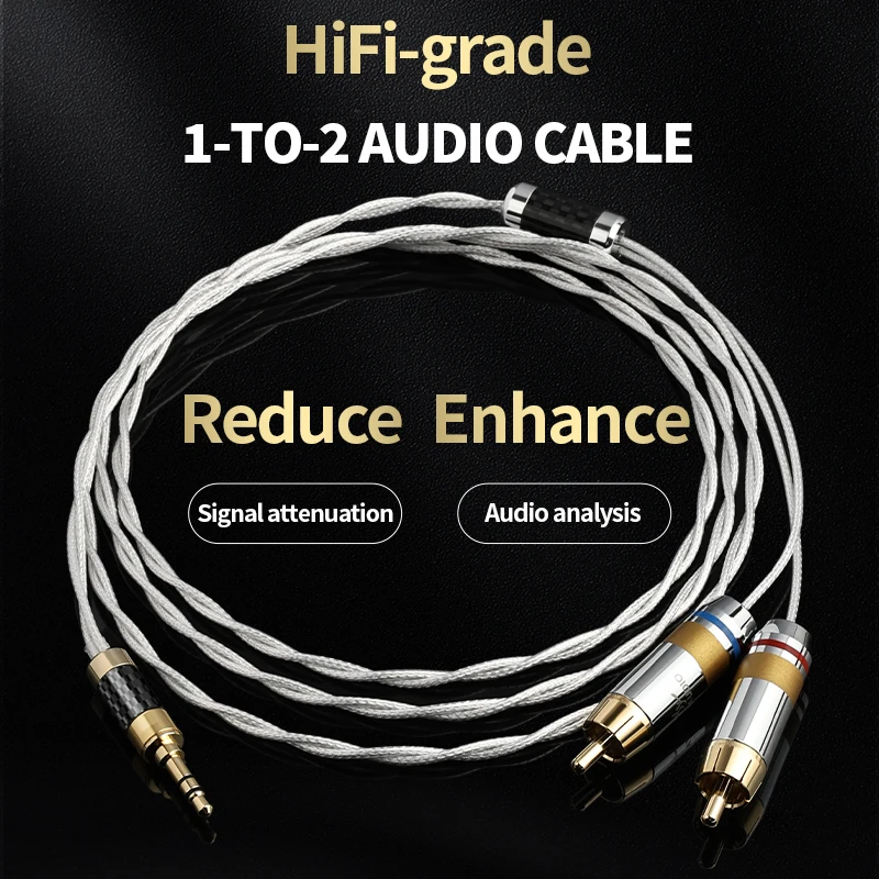 YYAUDIO Hifi 3.5mm do 2 kabel RCA czyste srebro główny rdzeń siver-plated przesiewowe 3.5mm Jack do 2rca męski przewód Aux Hifi — zdjęcie produktu 2