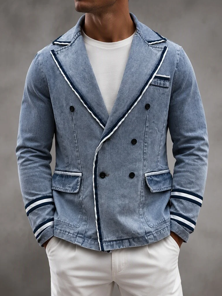 Men's Denim Blazer Notched Lapel Contrast Piping Trim Double Breasted Long Sleeve Pocket Casual Business Party Outerwear Jacket